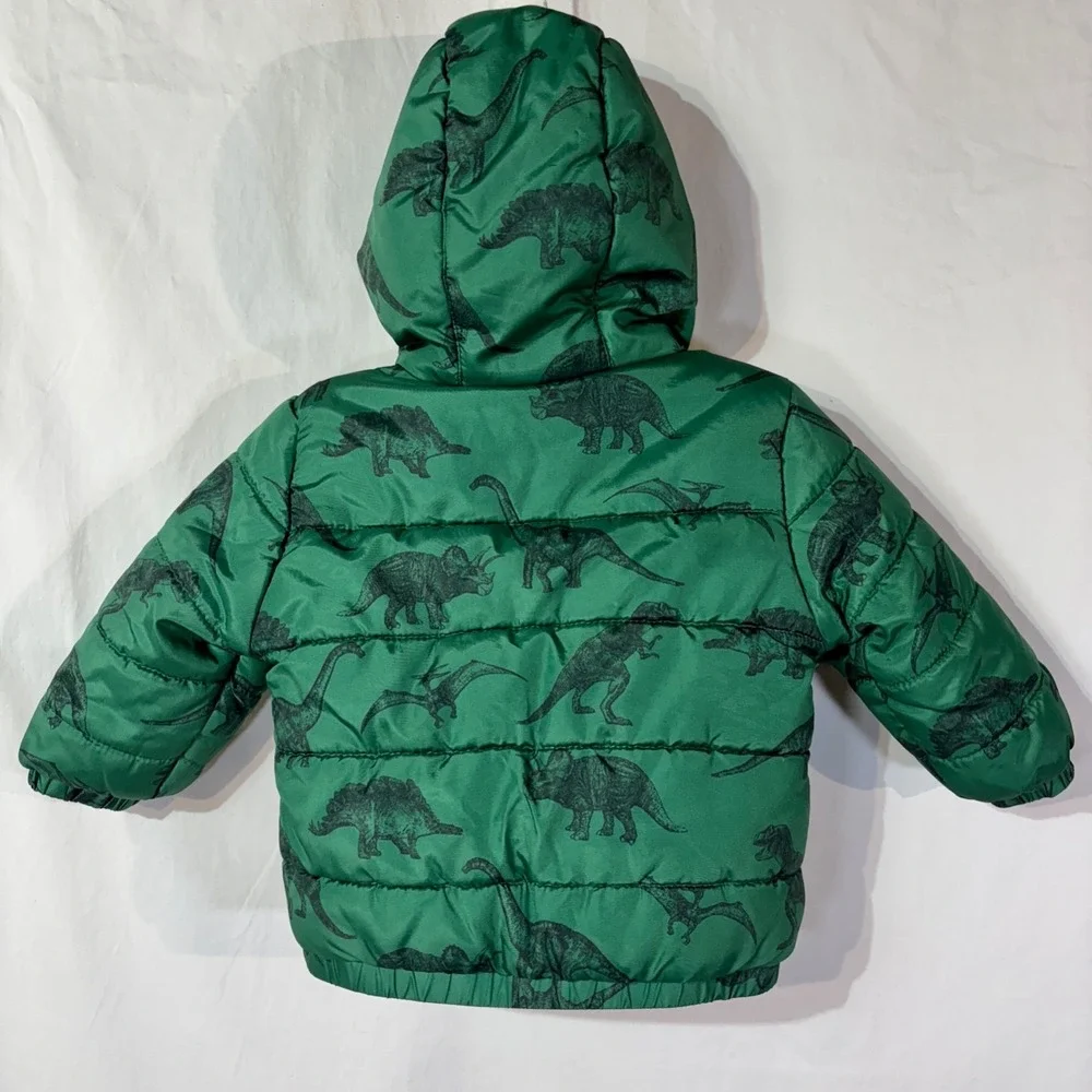 Osh Kosh Bgosh Jacket Baby 12M Green Dinosaur Sherpa Lined Puffer‎ Hooded
